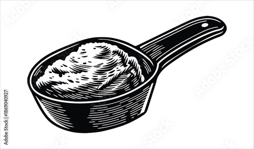 Scoop of Mashed Potatoes or Rice in Serving Spoon, Line Art Illustration