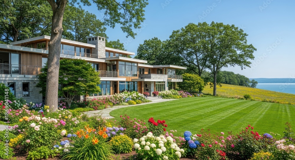 Obraz premium A modern, luxurious waterfront home with a lush garden and expansive lawn, featuring a large, well-maintained lawn with vibrant flowers and a serene lake view.