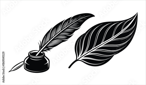 Quill Pen and Inkwell with Feather, Vintage Writing Tool