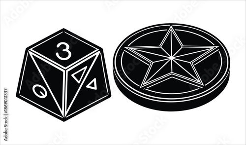 Black and white vector illustration of a polyhedral die and a star coin on white background
