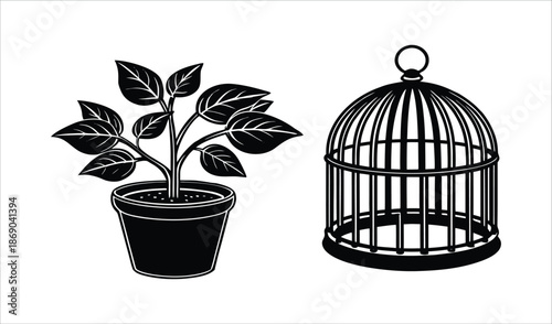 Potted Plant Next to Empty Birdcage, Silhouette Vector Illustration