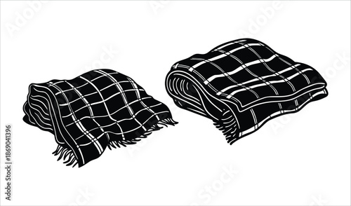 Two Folded Plaid Blankets with Fringes, Cozy Texture, Isolated on White