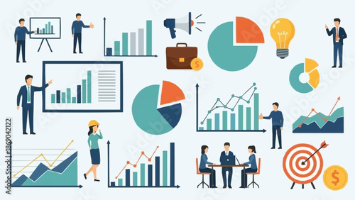 Business meeting and data analysis icons with charts and graphs.