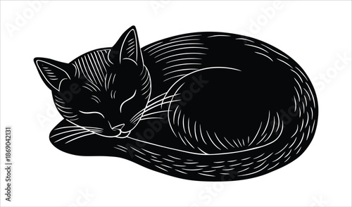 Sleeping Black Cat Silhouette Illustration, Stylized Linework, Peaceful Rest