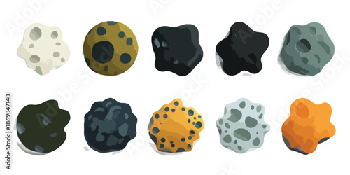 Zestaw ręcznie rysowanych, kolorowych asteroid i meteorytów na przezroczystym tle, kosmiczne skały.