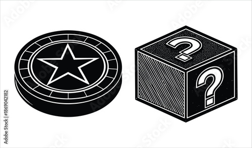 Lucky Star Coin and Question Mark Mystery Box - Vector Illustration