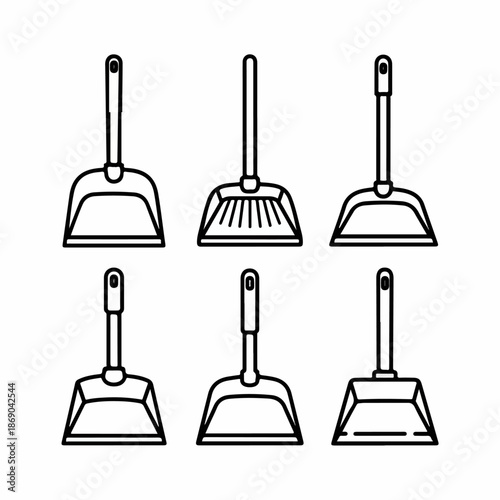 Dustpan and Broom Icons Set. Outline vector illustration of cleaning tools, showcasing various styles of scoops for sanitation, household chores, and hygiene concepts.
