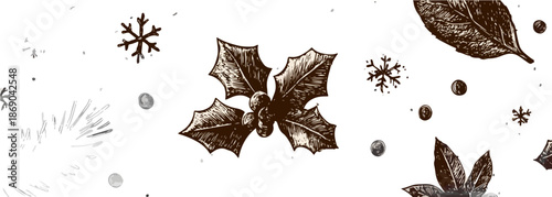 Rysunkowe elementy świąteczne z ostrokrzewem, płatkami śniegu i przyprawami na tle transparentnym.