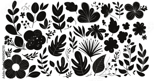 Zestaw czarnych, stylizowanych elementów roślinnych i kwiatowych, idealny do projektowania graficznego na białym tle.