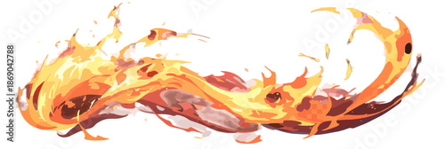 Animowany, dynamiczny efekt płomienia lub ognia w stylu kreskówkowym na przezroczystym tle.