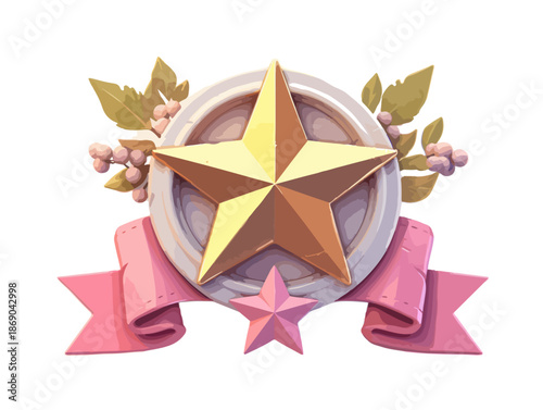 Złota pięcioramienna gwiazda na medalu z różową wstęgą i liśćmi, izolowany element graficzny.