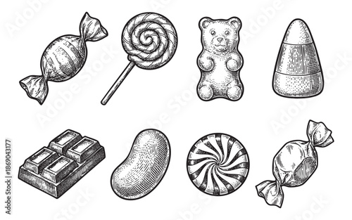 vintage candy illustrations including lollipop, chocolate, gummy bear, and wrapped sweets