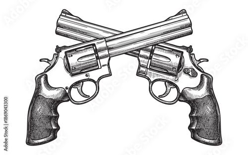 Pair of crossed vintage revolver handguns illustrated in a retro hand-drawn engraving style