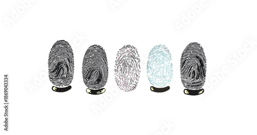 Pięć odcisków palców na białym tle, w tym jeden niebieski i jeden przezroczysty, symbolizujące tożsamość.
