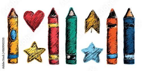 Kolorowe kredki i ręcznie rysowane symbole miłości i sukcesu na przezroczystym tle.
