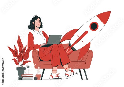 Kobieta z laptopem i rakietą symbolizującą szybki start lub rozwój kariery w domu.
