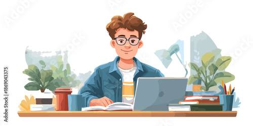 Młody mężczyzna w okularach pracuje przy biurku z laptopem i książkami, styl ilustracji wektorowej.