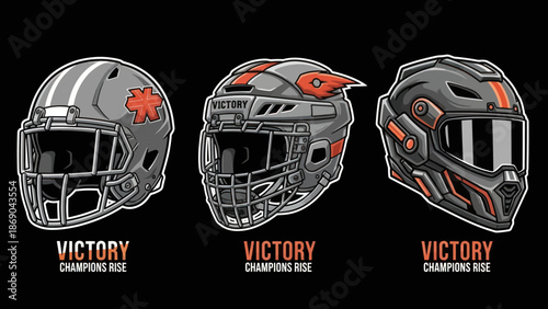 Three Football Helmets with Victory Design.