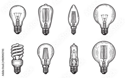 Collection of vintage light bulb illustrations including Edison, spiral, and standard filament lamps in hand-drawn engraving style