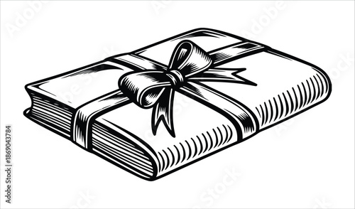 Gift Wrapped Book with Ribbon and Bow, Black and White Illustration
