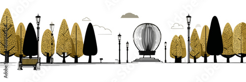 Ilustracja wektorowa parku z drzewami jesiennymi, ławką i nowoczesną, przezroczystą rzeźbą sferyczną.