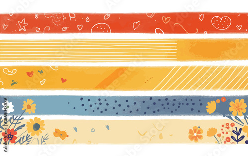 Zestaw ręcznie rysowanych taśm dekoracyjnych z wzorami w ciepłych, letnich kolorach i motywami kwiatowymi.
