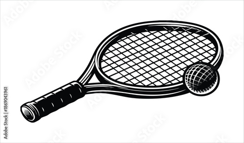 Tennis Racket and Ball Illustration, Black and White, Sports Equipment