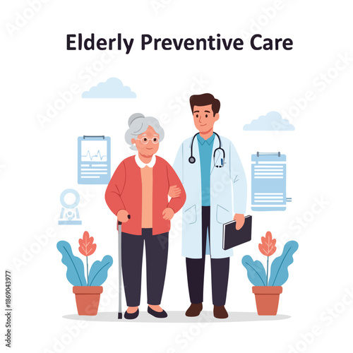 An elderly woman and a young doctor standing together with medical documents and plants in a preventive care setting with a calm mood.