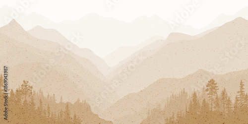 Sunrise in the mountains, sepia shades, retro effect, ridge gradients and trees, vector illustration