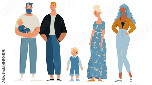 Illustration vectorielle moderne d'un groupe diversifié de personnes et de familles, incluant des enfants et des adultes, sur un fond transparent.