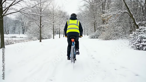 Cyclist on a snowy forest path in winter, capturing a quiet outdoor ride through a park setting.