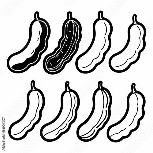 Black and white set of stylized pickle or cucumber icons, featuring outline and solid fill variations for food and vegetable graphic design.