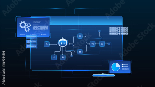 AI workflow automation artificial intelligence. ai agent network diagram dashboard machine learning showing input, database, analytics panel and automation system.