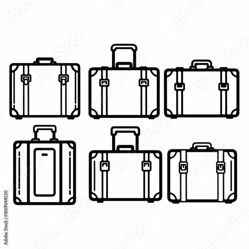 Six line art vector icons of travel luggage and suitcases with handles and straps, representing baggage, vacation, journey, and airport concepts.