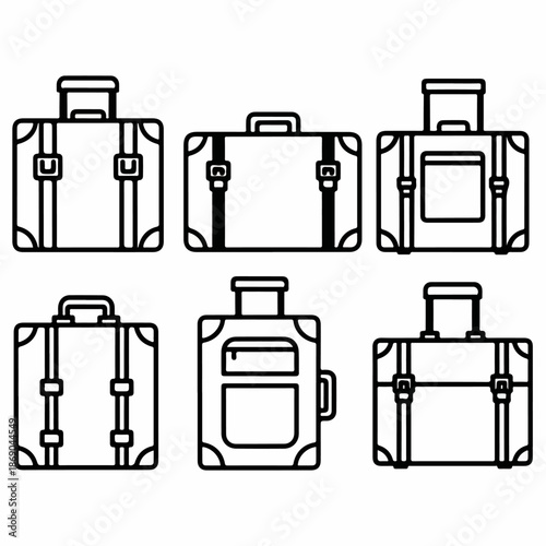 Six Diverse Luggage and Suitcase Outline Icons Set, Representing Travel Baggage for Vacation, Business, and Journey Planning