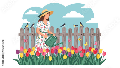 Flat vector illustration of a woman watering spring tulips in a home garden, peaceful outdoor lifestyle scene with flowers, nature, and seasonal gardening concept in solid colors