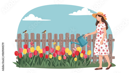 Flat vector illustration of a woman watering spring tulips in a home garden, peaceful outdoor lifestyle scene with flowers, nature, and seasonal gardening concept in solid colors