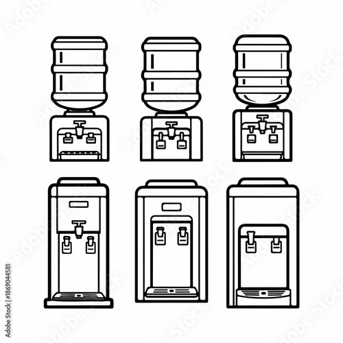 Collection of Water Dispenser Icons. Outline Vector Set for Water Cooler and Bottle Systems.
