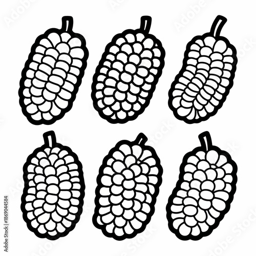 Black and white doodle set of six stylized blackberries or mulberries, ideal for food icons, isolated vector illustration.