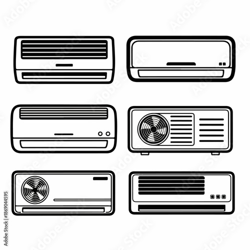 Black and white vector icons illustrating various types of air conditioner units, including indoor split systems and outdoor condenser units for cooling and heating.