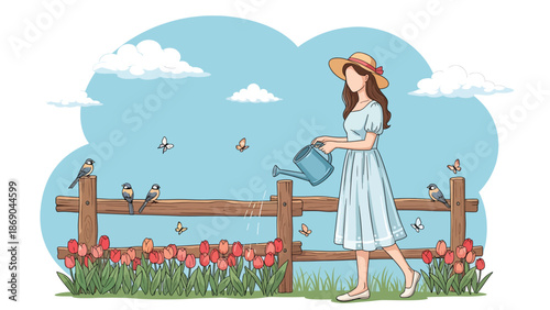 Flat vector illustration of a woman watering spring tulips in a home garden, peaceful outdoor lifestyle scene with flowers, nature, and seasonal gardening concept in solid colors