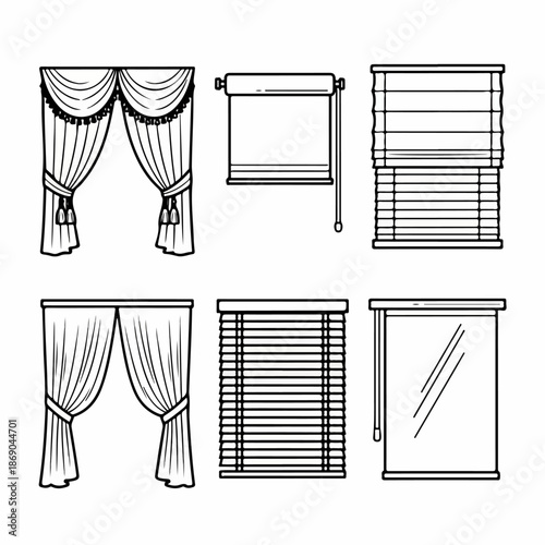 Outline set of various window coverings, including classic curtains, roller shades, Roman blinds, and Venetian blinds, illustrating home interior design elements.