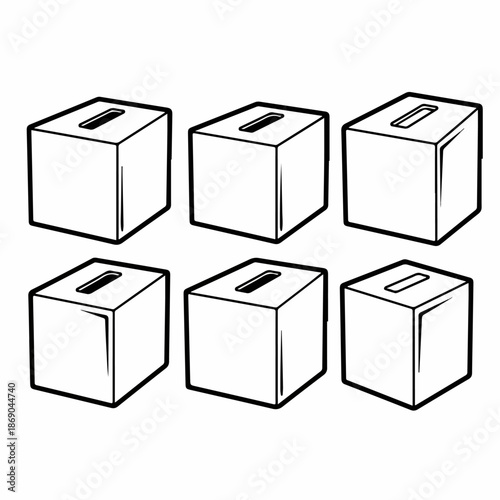 Six monochrome line art illustrations of ballot boxes or donation boxes arranged in a grid on a white background.
