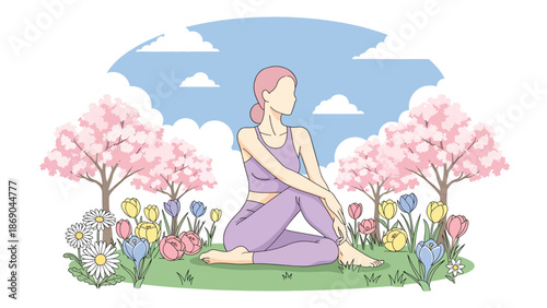 Flat vector illustration of a woman practicing yoga outdoors in spring, wellness and mindfulness lifestyle scene with flowers, grass, and calm natural environment in solid colors