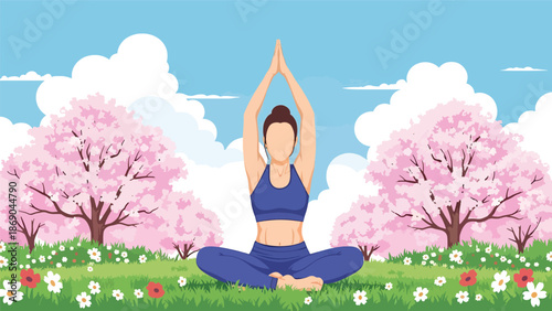 Flat vector illustration of a woman practicing yoga outdoors in spring, wellness and mindfulness lifestyle scene with flowers, grass, and calm natural environment in solid colors