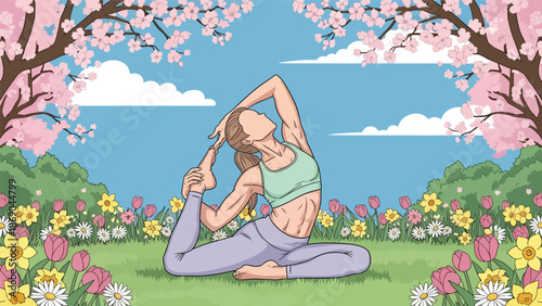 Flat vector illustration of a woman practicing yoga outdoors in spring, wellness and mindfulness lifestyle scene with flowers, grass, and calm natural environment in solid colors