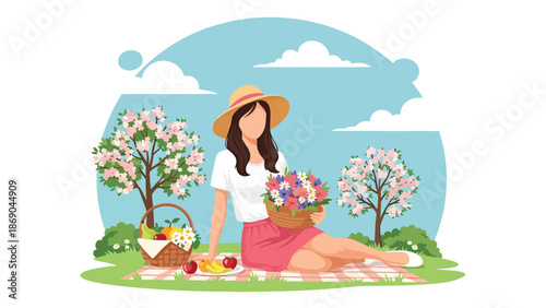 Vector illustration of a woman enjoying a spring picnic in a blooming park, relaxed outdoor lifestyle with food, flowers, and sunny seasonal atmosphere in flat solid colors