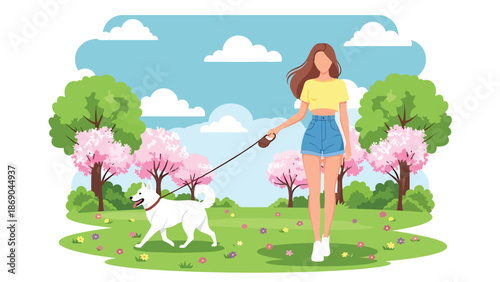 Flat vector illustration of a woman walking her dog in a spring park, cheerful outdoor lifestyle scene with blooming trees, nature, and pet companionship in solid colors