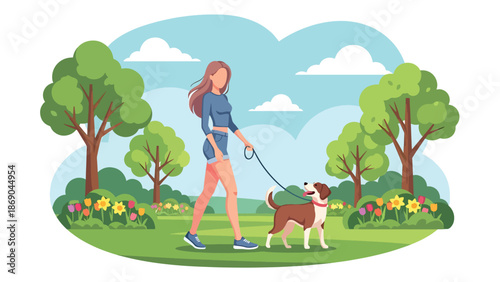 Flat vector illustration of a woman walking her dog in a spring park, cheerful outdoor lifestyle scene with blooming trees, nature, and pet companionship in solid colors