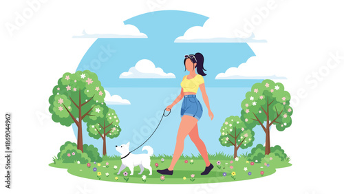 Flat vector illustration of a woman walking her dog in a spring park, cheerful outdoor lifestyle scene with blooming trees, nature, and pet companionship in solid colors